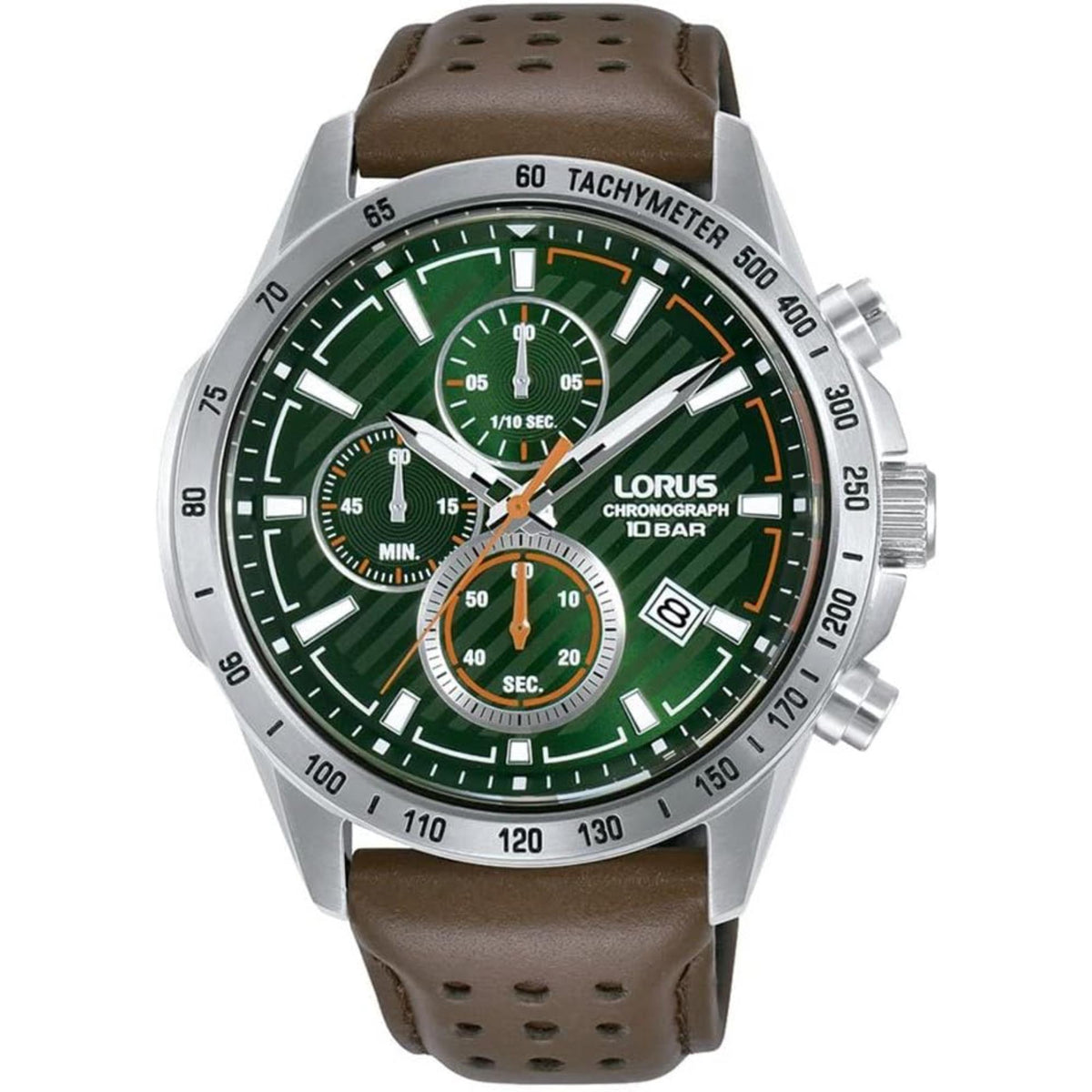 Men's green dial chronograph watch, brown leather strap, tachymeter bezel, steel case