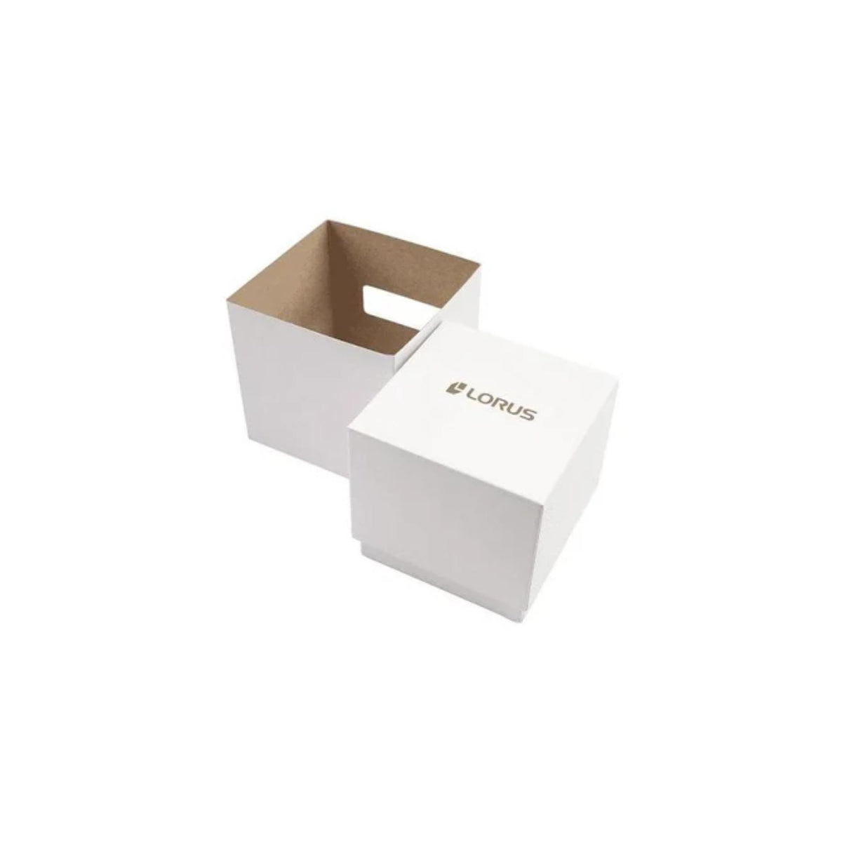 Lorus watch gift box with open tray, white exterior and brown cardboard inside