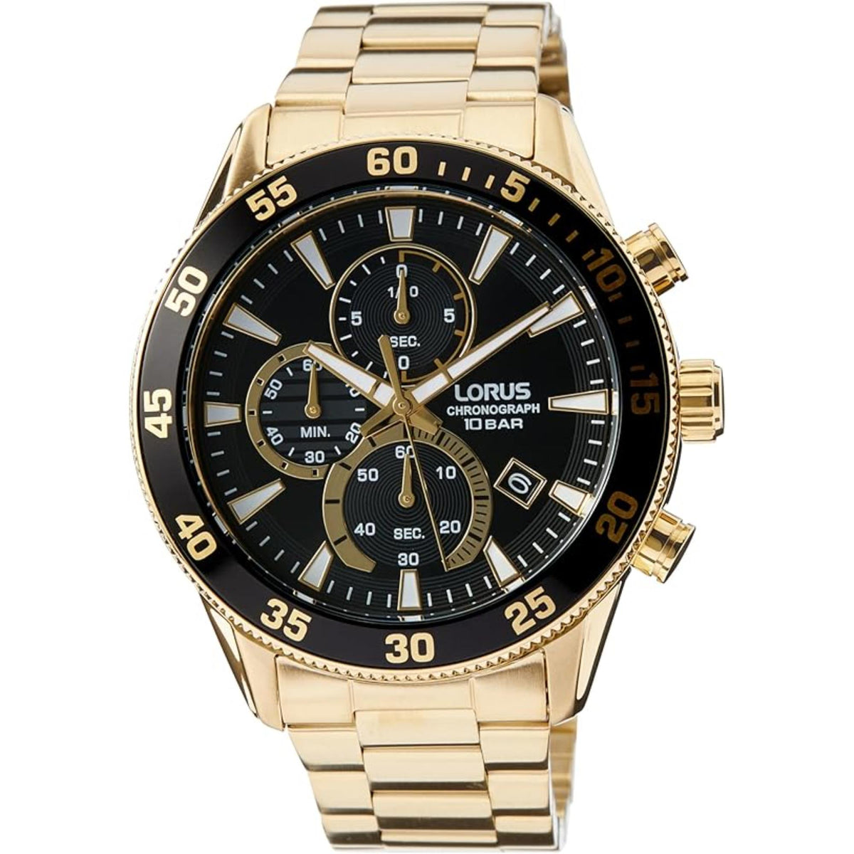 Men's gold-tone automatic chronograph watch with black sunray dial and subdials