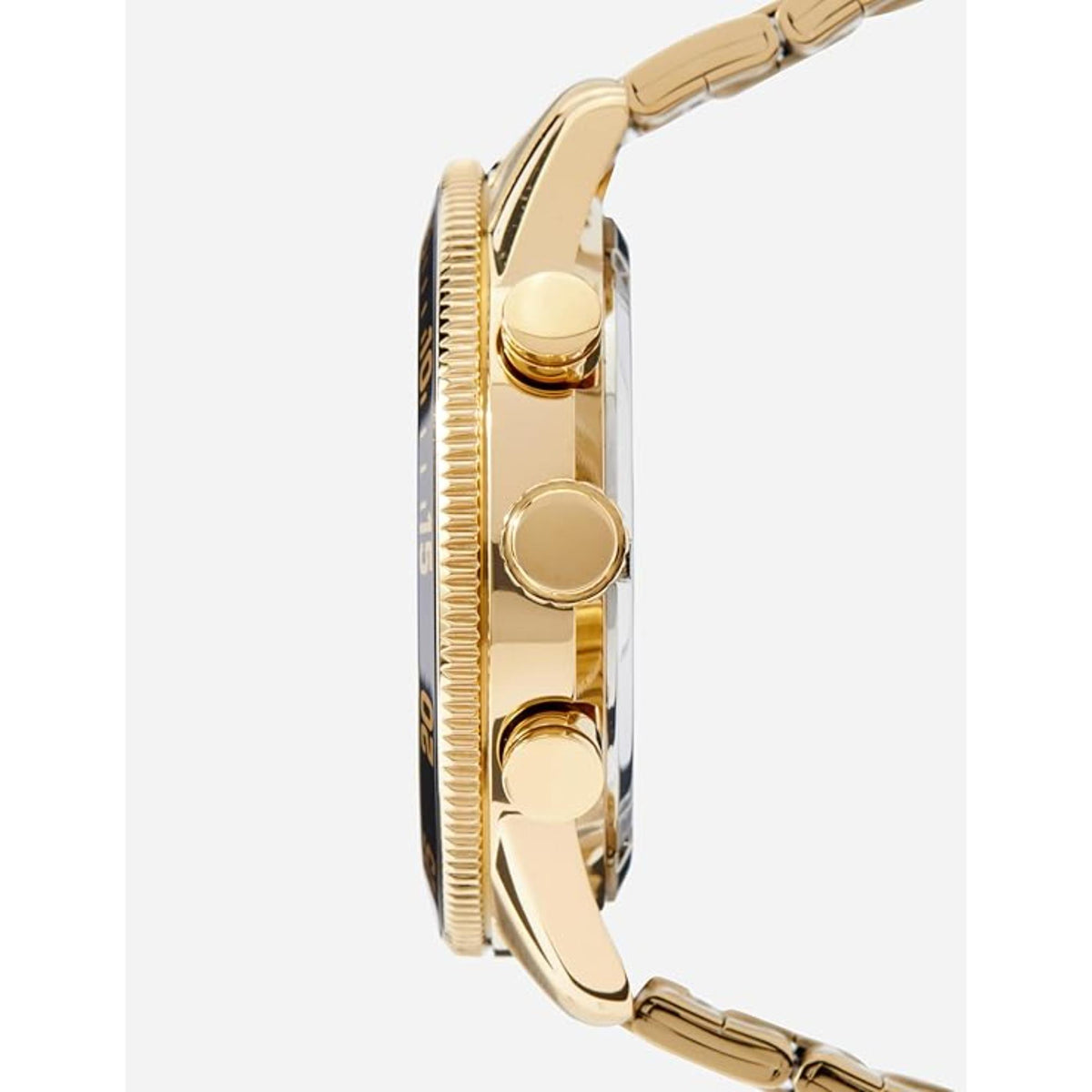 Men's gold-tone watch side profile with crown and pushers on linked bracelet