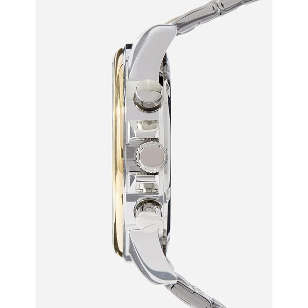 Men's chronograph watch case side view with crown and two-tone metal bracelet