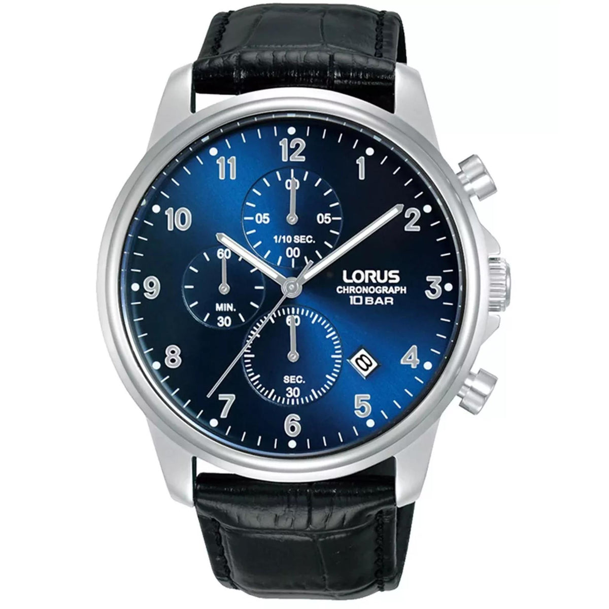 Men's chronograph watch, dark blue sunray dial with black leather strap and steel case