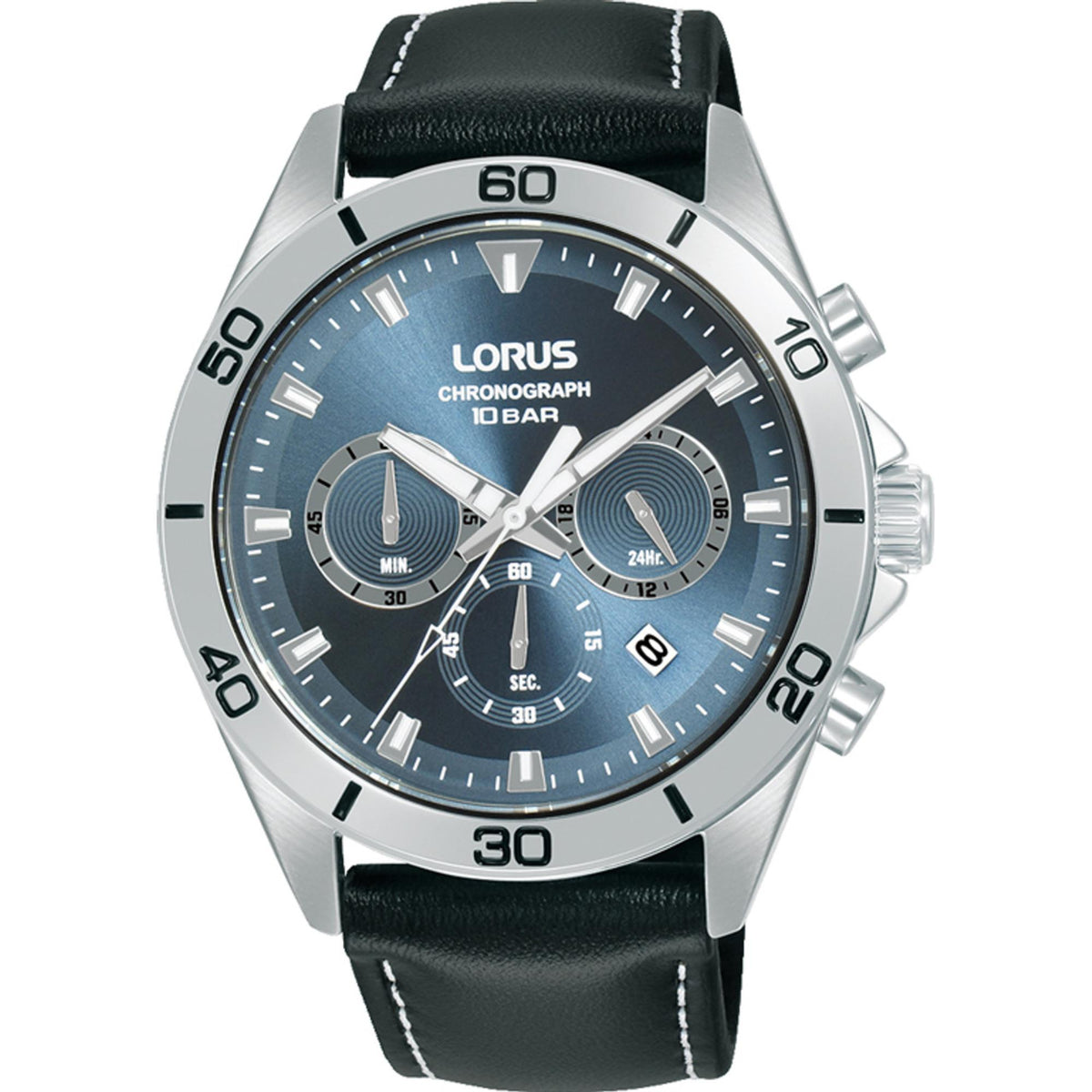 Lorus sport chronograph men's watch with blue sunray dial and black leather strap