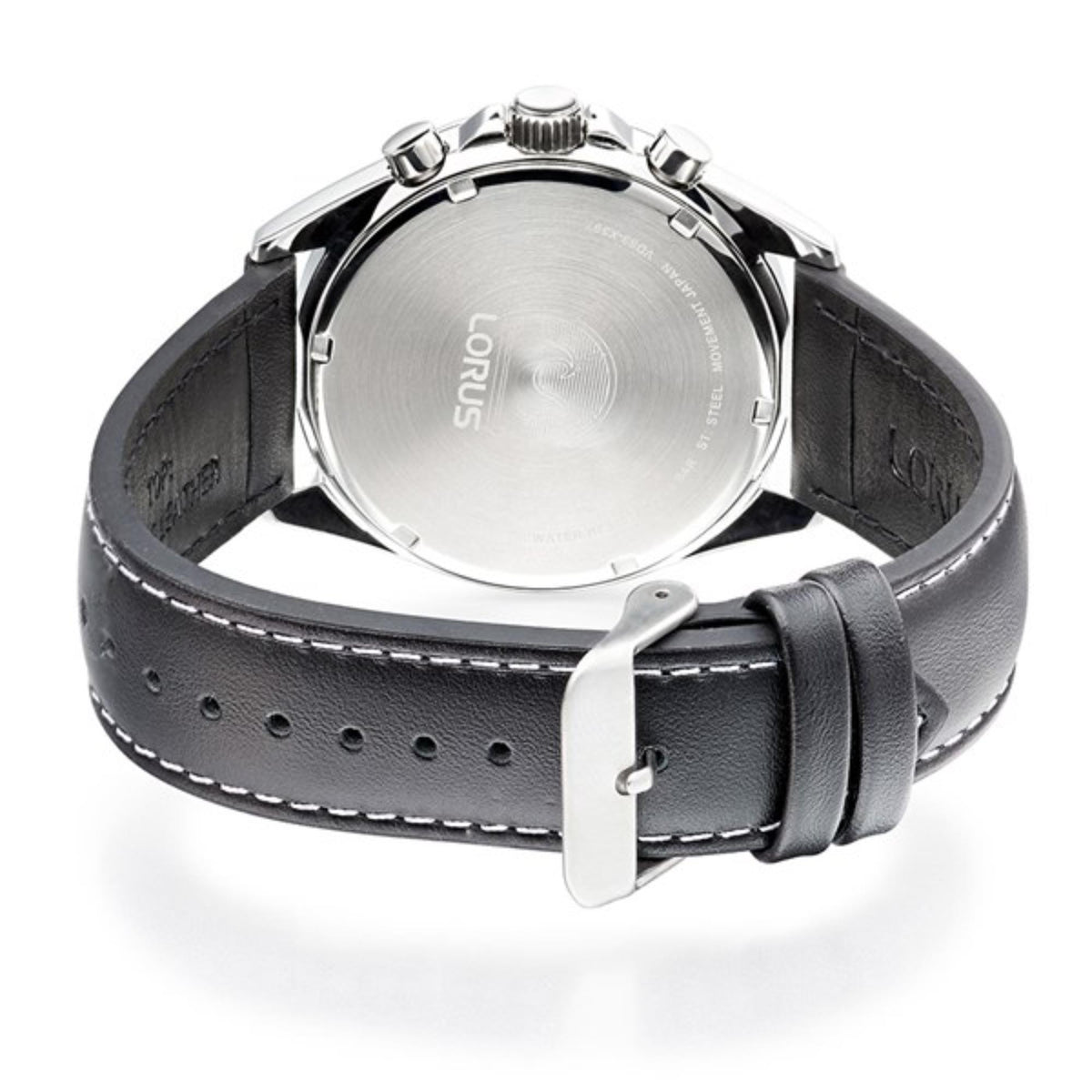 Lorus men's watch caseback with brushed metal back and black leather strap
