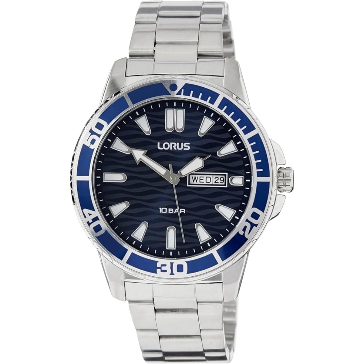 Blue dial stainless steel men's wristwatch with blue bezel, date window, metal bracelet