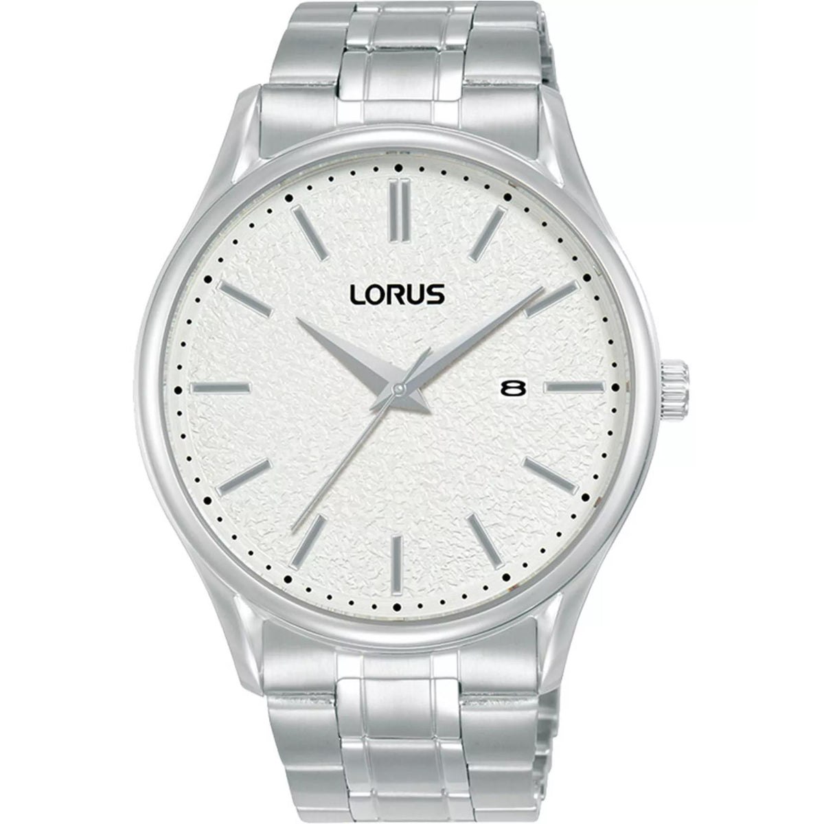 Men's stainless steel quartz watch with white dial, silver bracelet, round case.