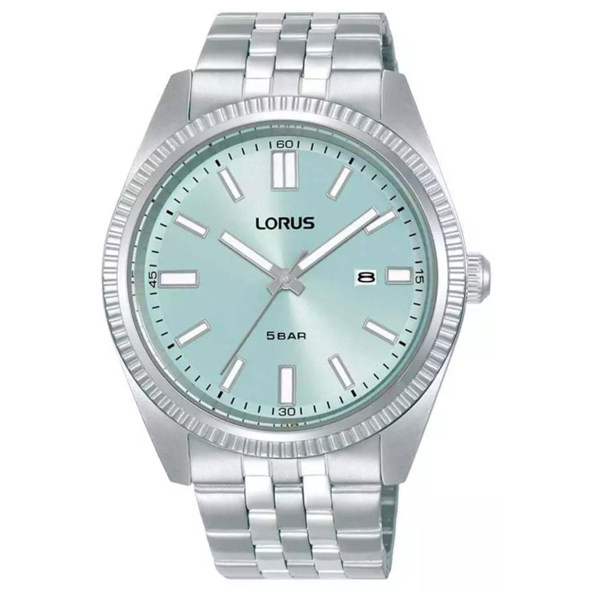 Men's classic stainless steel bracelet watch with light blue dial and baton markers