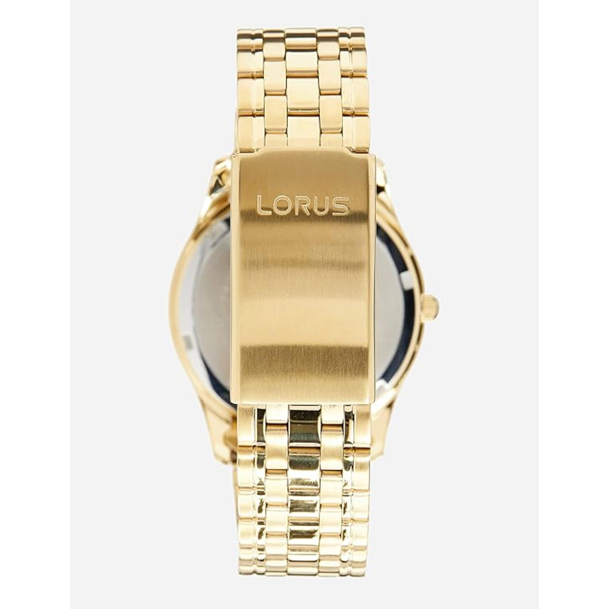 Gold caseback with LORUS branding and linked metal bracelet for men's watch