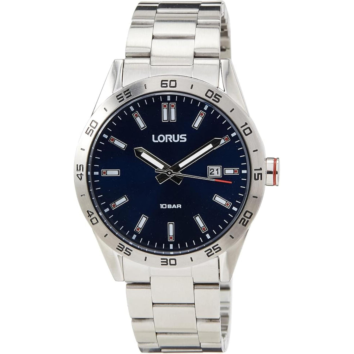 Stainless steel men's quartz watch with blue sunray dial, silver bracelet, and date window