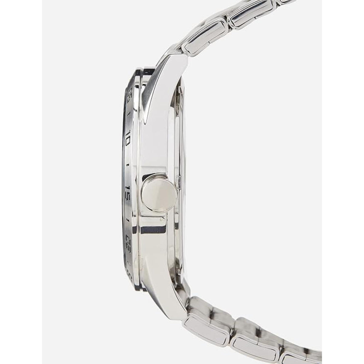 Stainless steel watch case side view with crown and linked metal bracelet