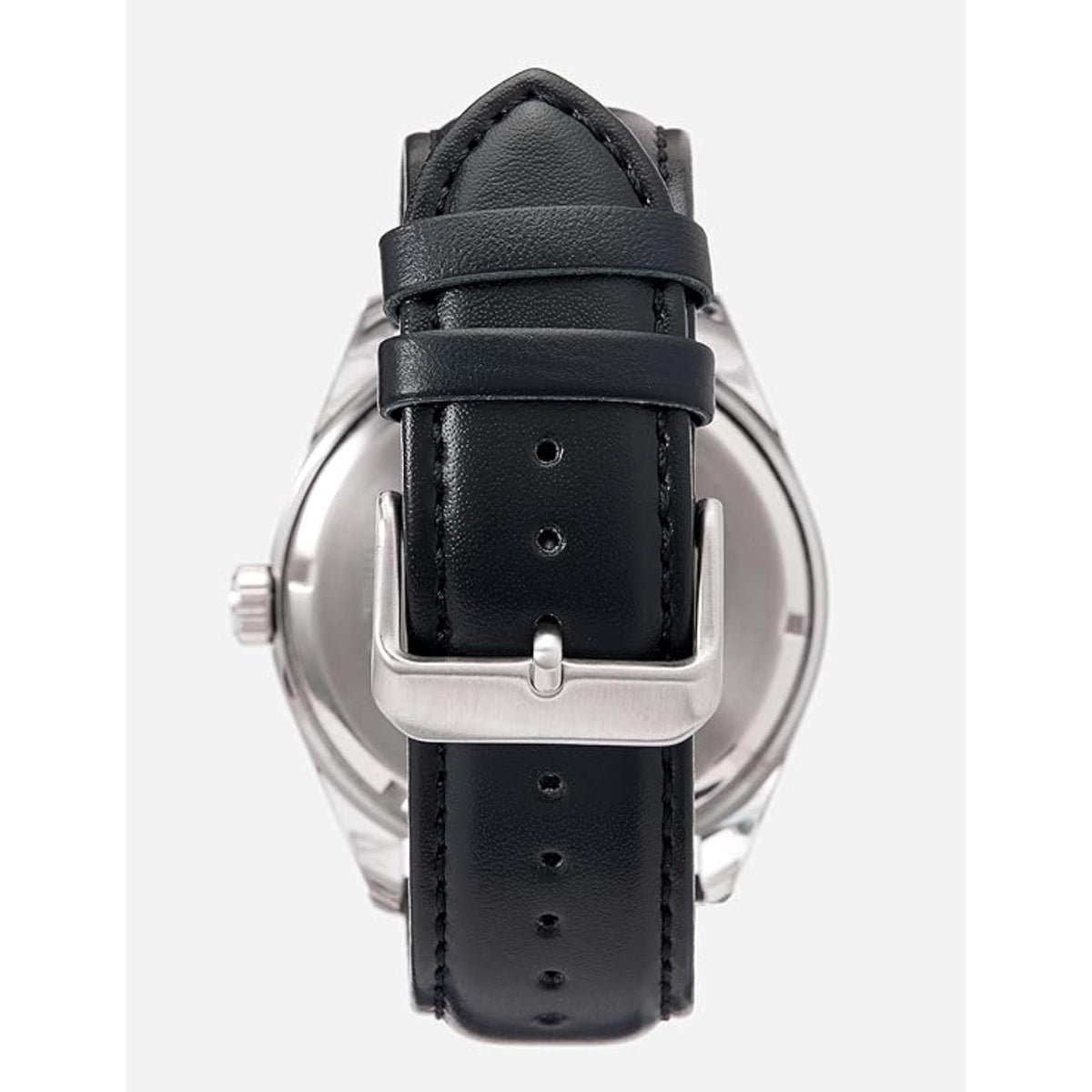 Black leather watch strap with metal buckle and stitched holes