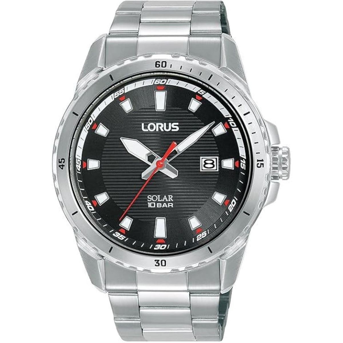 Men's solar analog wrist watch with black dial, silver metal bracelet, red-tipped second hand
