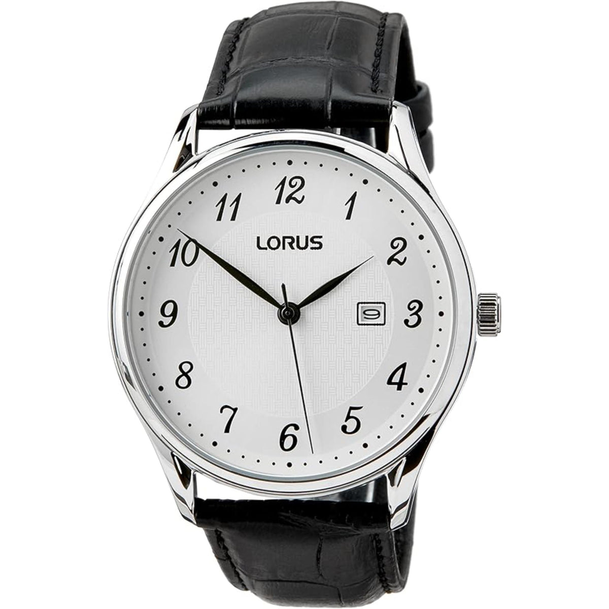 Men's analog watch with white sunray dial, black leather strap, and silver case