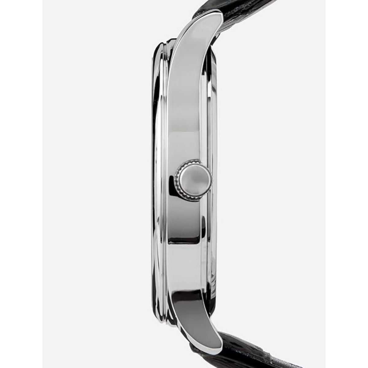 Men's analog watch side view with crown and silver case, black leather strap