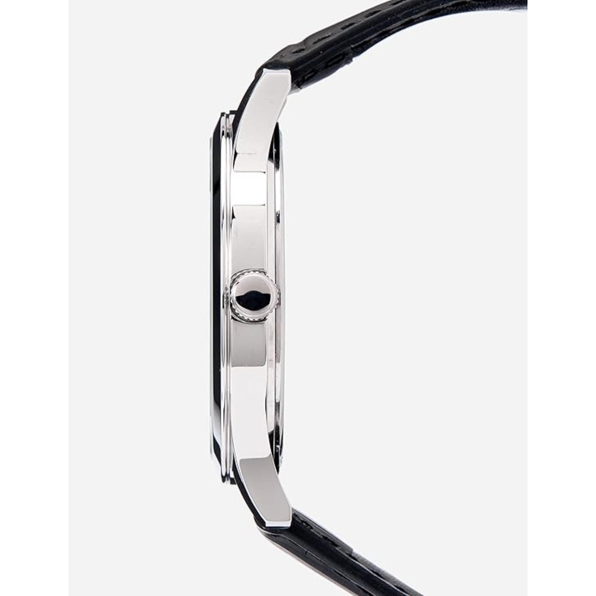 Lorus men's watch side view with crown, silver case, black leather strap