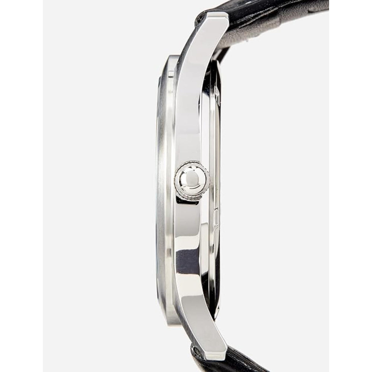 Men's Lorus analog quartz watch side view with crown and black leather strap