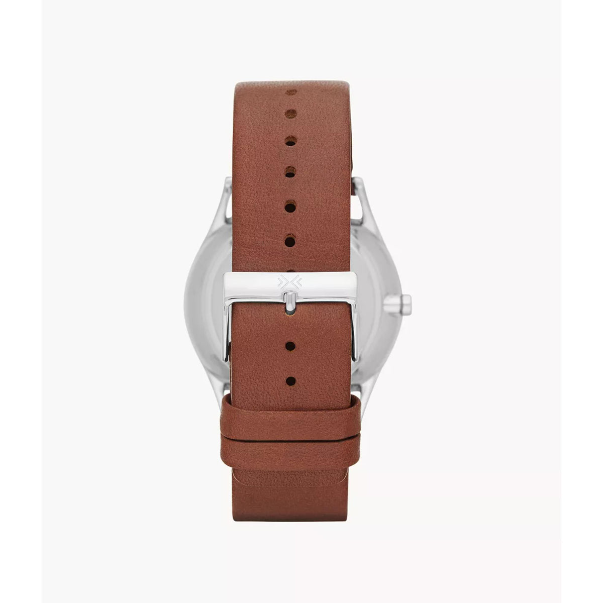 Men’s watch front view with brown leather strap and dark grey dial, stainless case