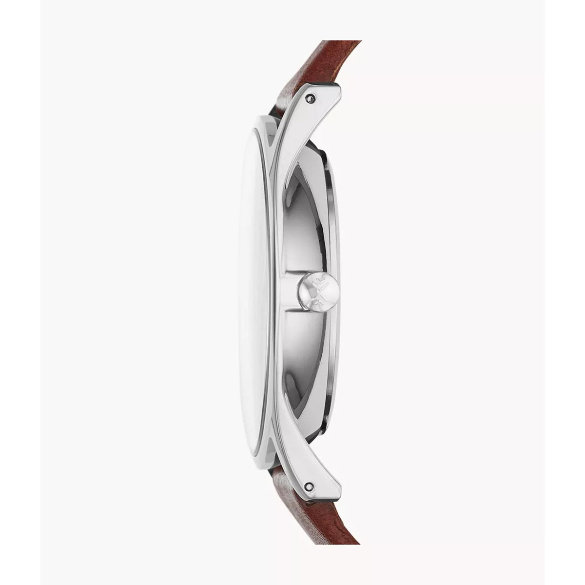 Men’s watch side view with silver case and brown leather strap, crown visible