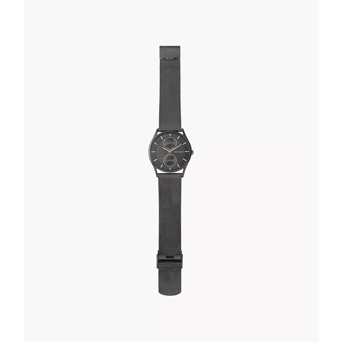 Charcoal dial men’s watch with link mesh band, centered front view