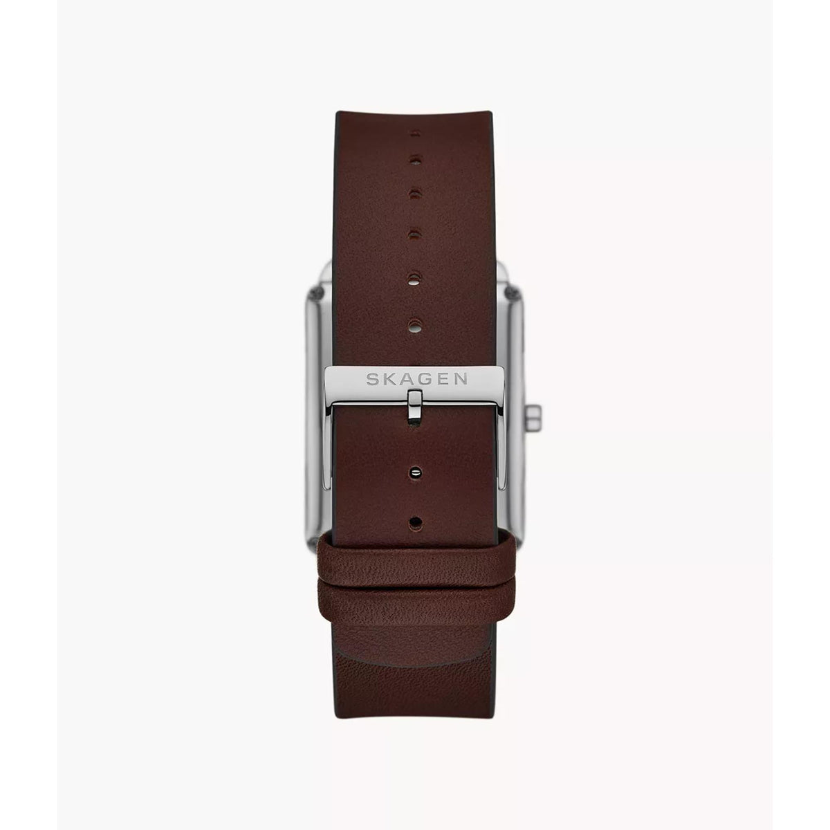 Skagen men’s watch with brown leather strap and rectangular silver-tone case back