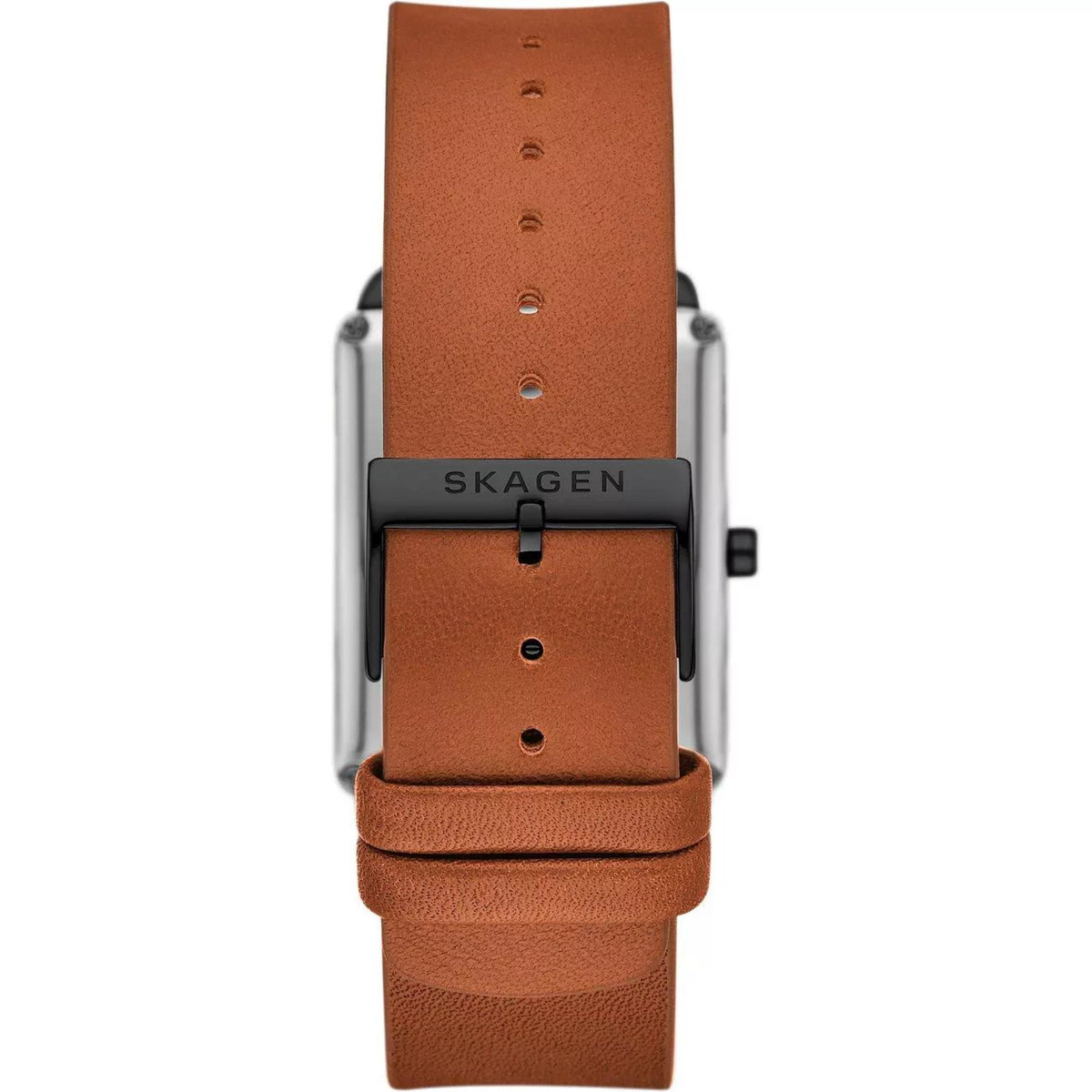 Back angle showing the black engraved pin buckle and brown leather strap of the Skagen Hagen SKW6929 timepiece