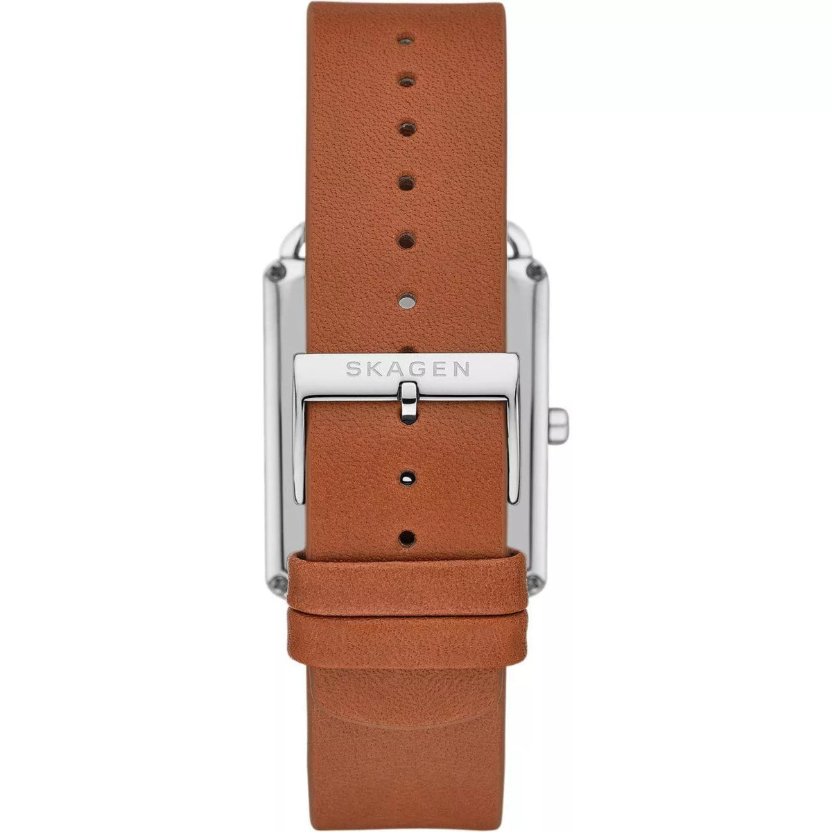 Skagen watch with brown leather strap and silver case, showing strap hole row
