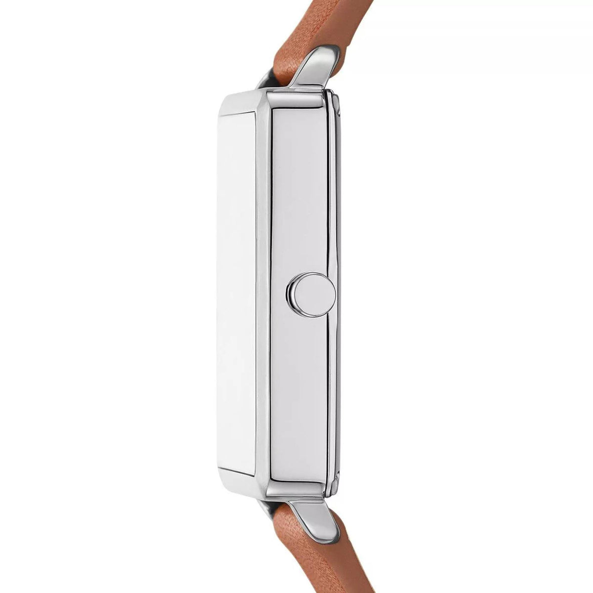 Skagen rectangular watch side profile with brown leather strap and silver case
