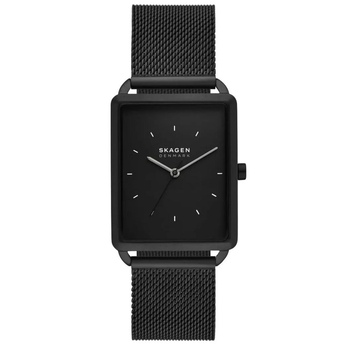 Front view of the Skagen Hagen SKW6928 mens watch featuring a rectangular black dial, matching case, and black stainless steel mesh bracelet