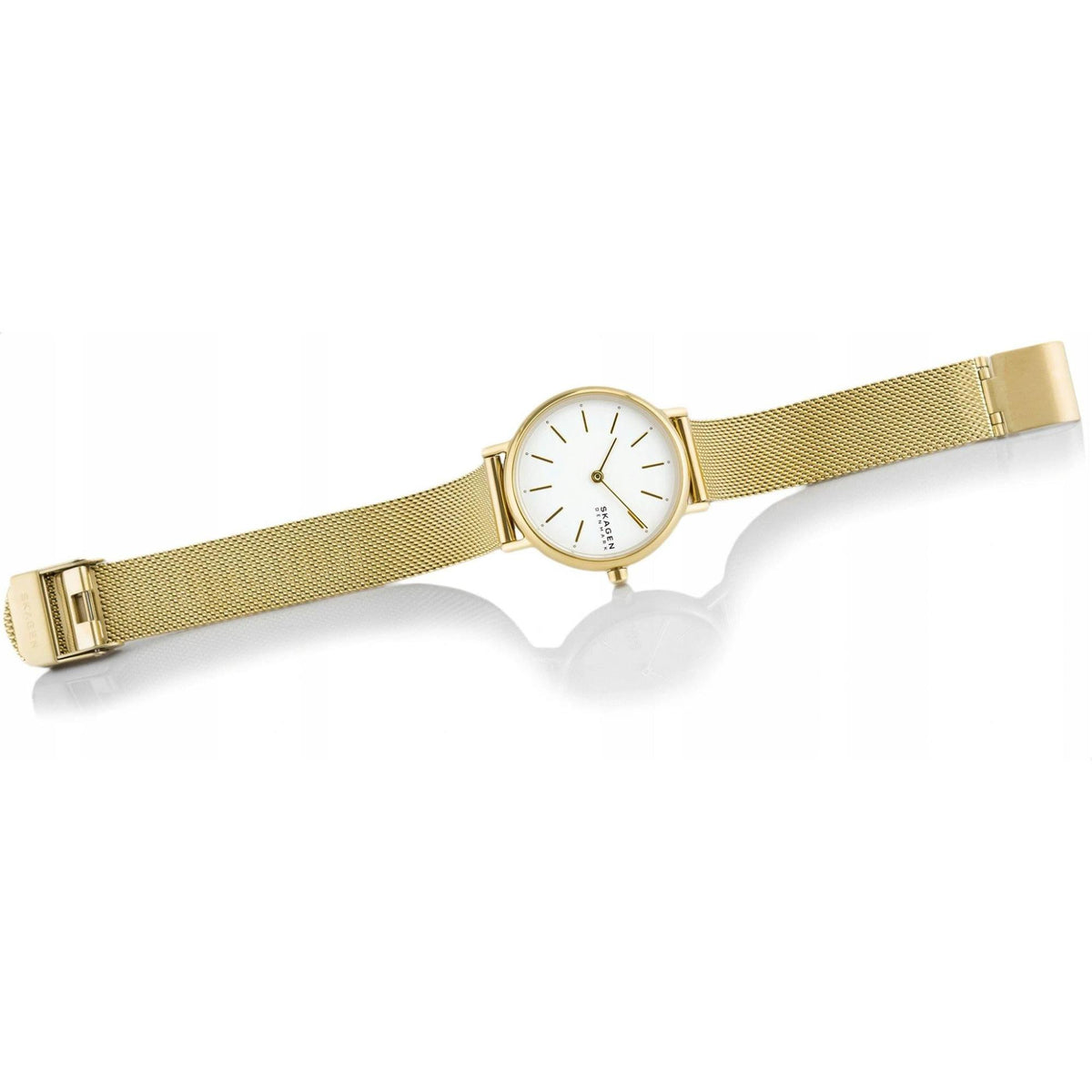 Flat Lay Display of Skagen Signatur Lille SKW2693 White Silver Dial Watch with Unclasp Mesh Strap