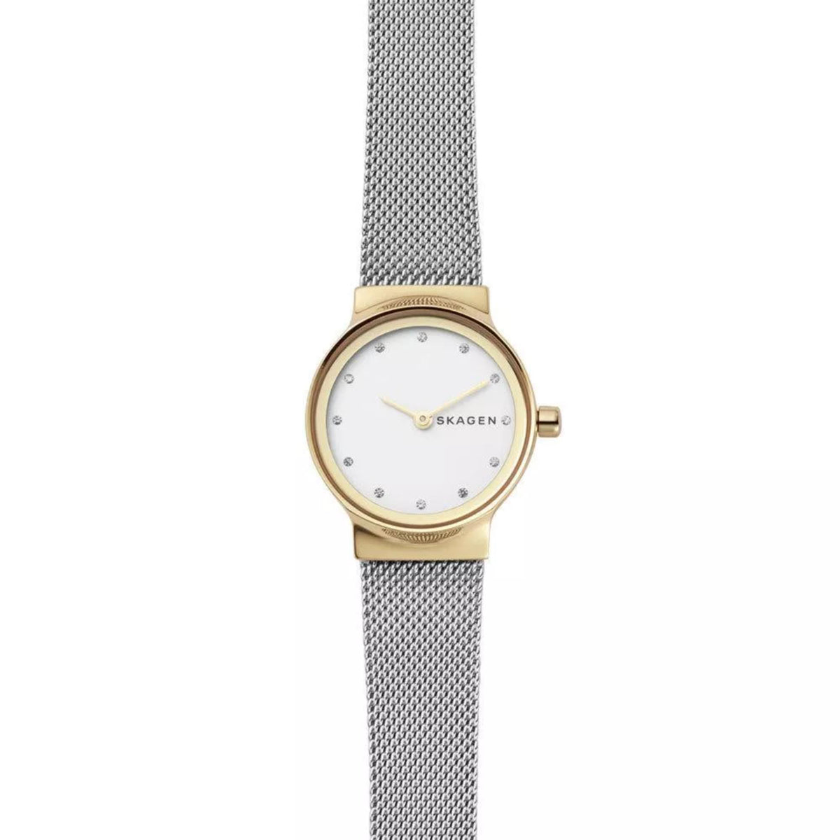 Direct frontal shot of the Skagen Freja Lille SKW2666 women's watch featuring a white silver dial, gold-tone bezel, and silver steel mesh strap.