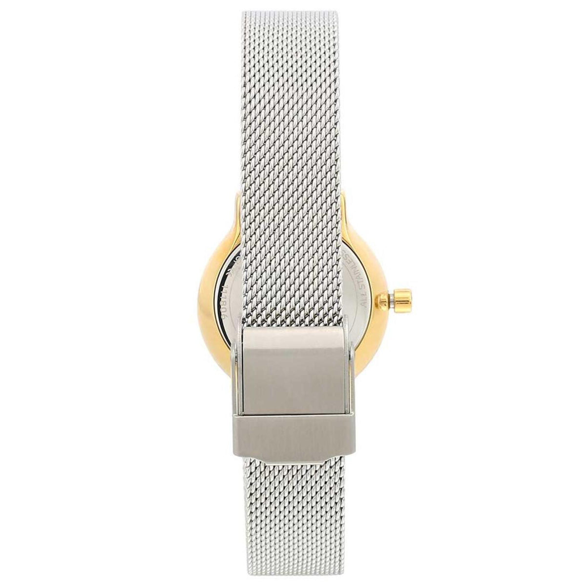 Back angle highlighting the closed fold-over clasp and steel mesh bracelet of the Skagen Freja Lille SKW2666 timepiece.
