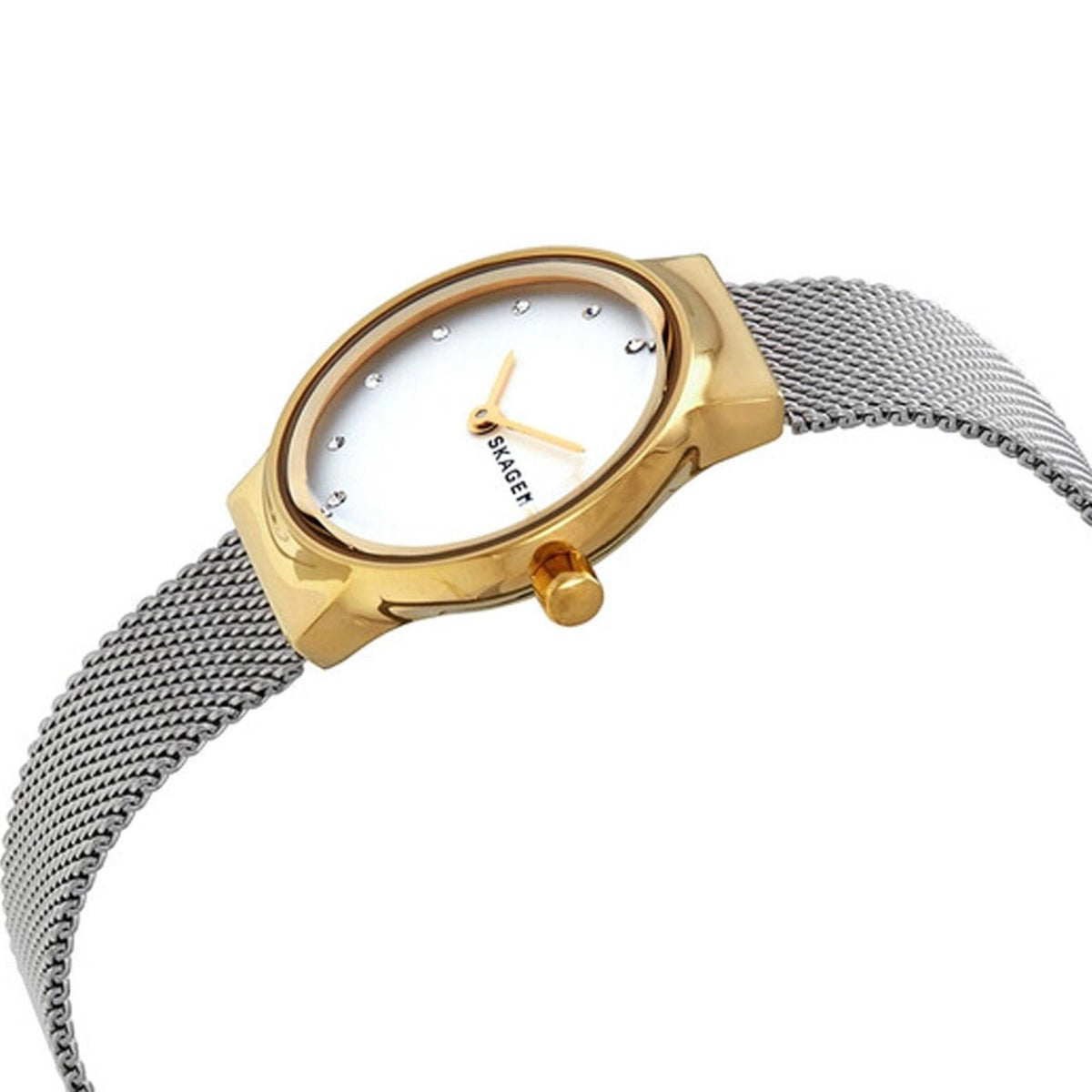 Perspective angle showcasing the white silver dial and gold-tone hands of the Skagen Freja Lille SKW2666 wristwatch.