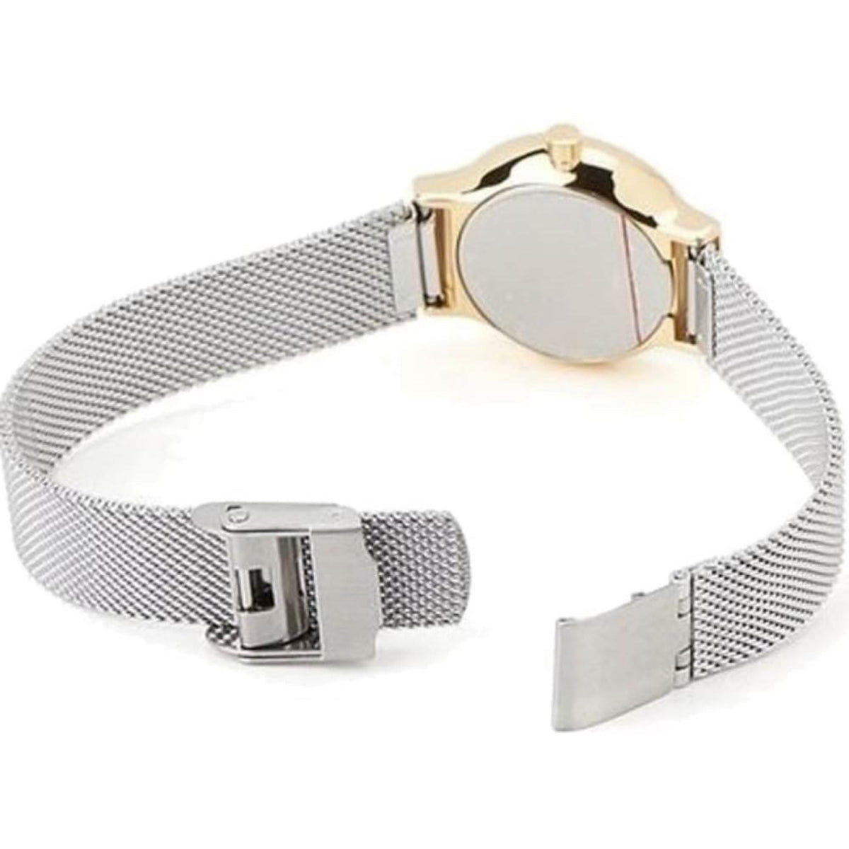 Reverse angle of the Skagen Freja Lille SKW2666 watch showing the unclasped mesh bracelet and gold-tone case back.