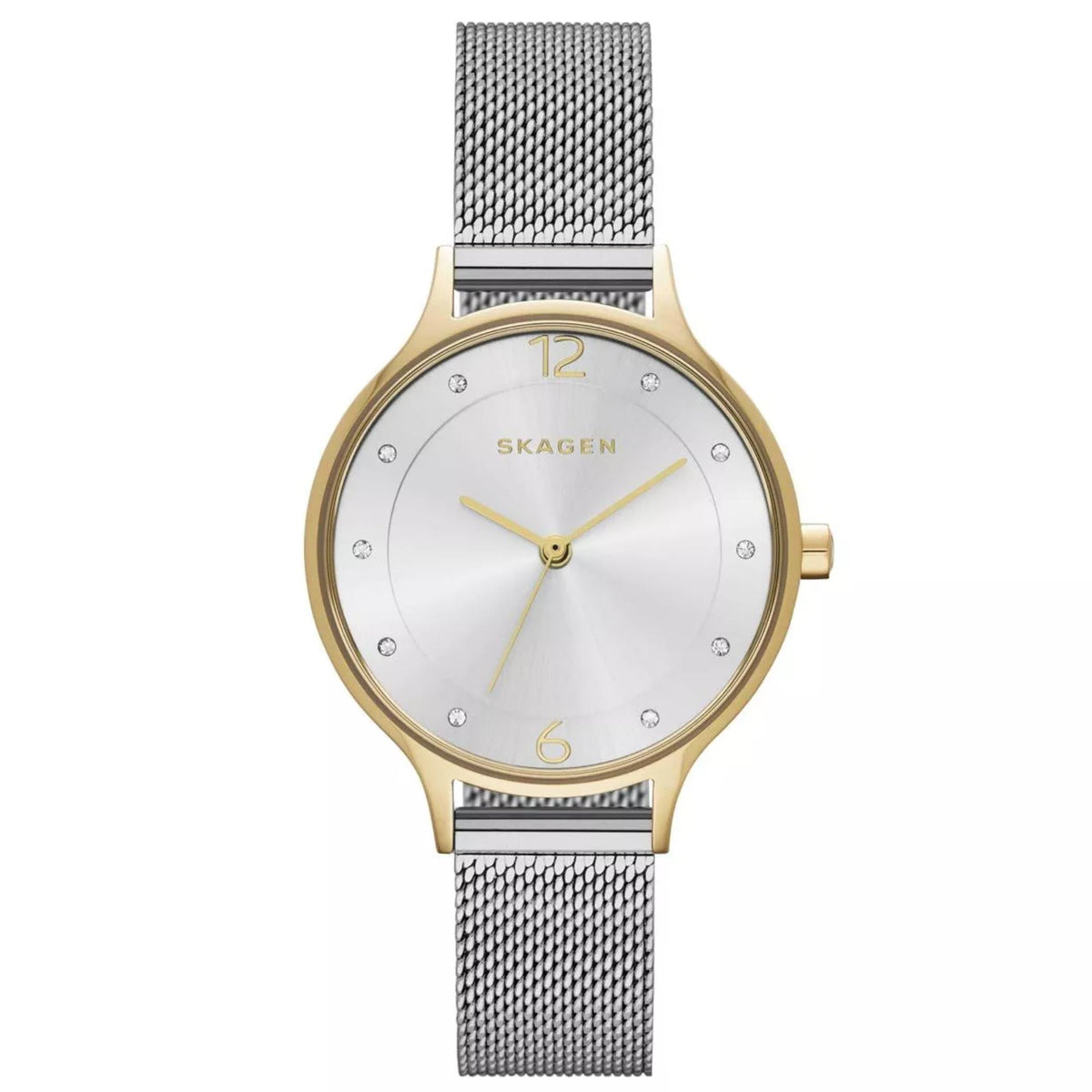 Front view of Skagen Anita Lille SKW2340 womens watch showcasing a white silver dial, gold-tone bezel, and silver steel mesh bracelet
