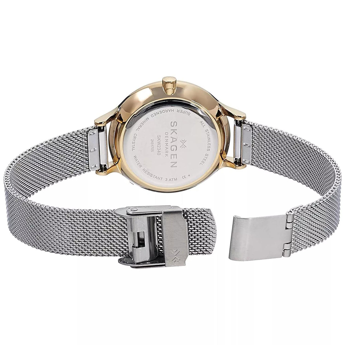 Detailed view of the open fold-over clasp and case back of the Skagen Anita Lille SKW2340 watch