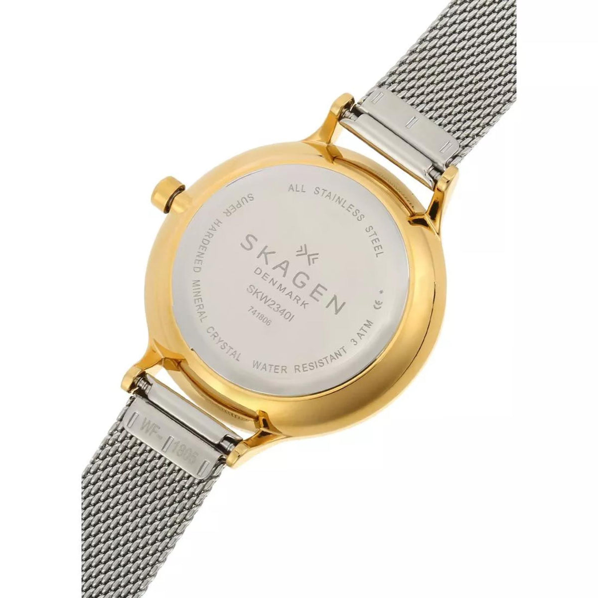 Close-up detail of the engraved stainless steel case back on the Skagen Anita Lille SKW2340 watch