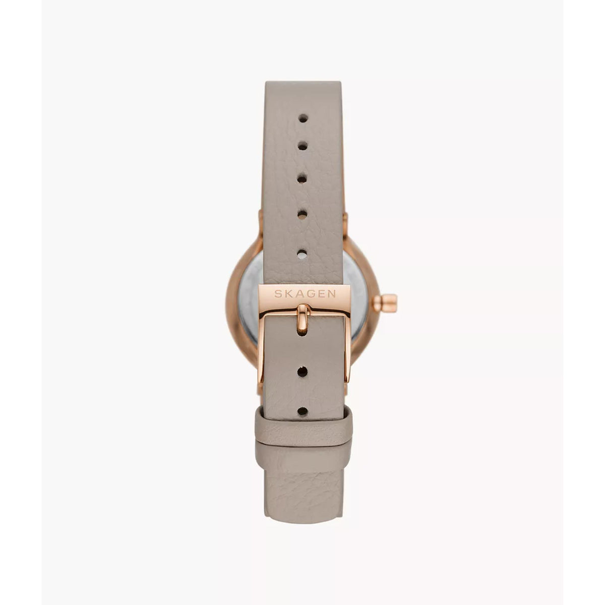 Rear view showcasing the grey leather strap and branded rose gold buckle on the Skagen Freja Lille SKW3005 watch
