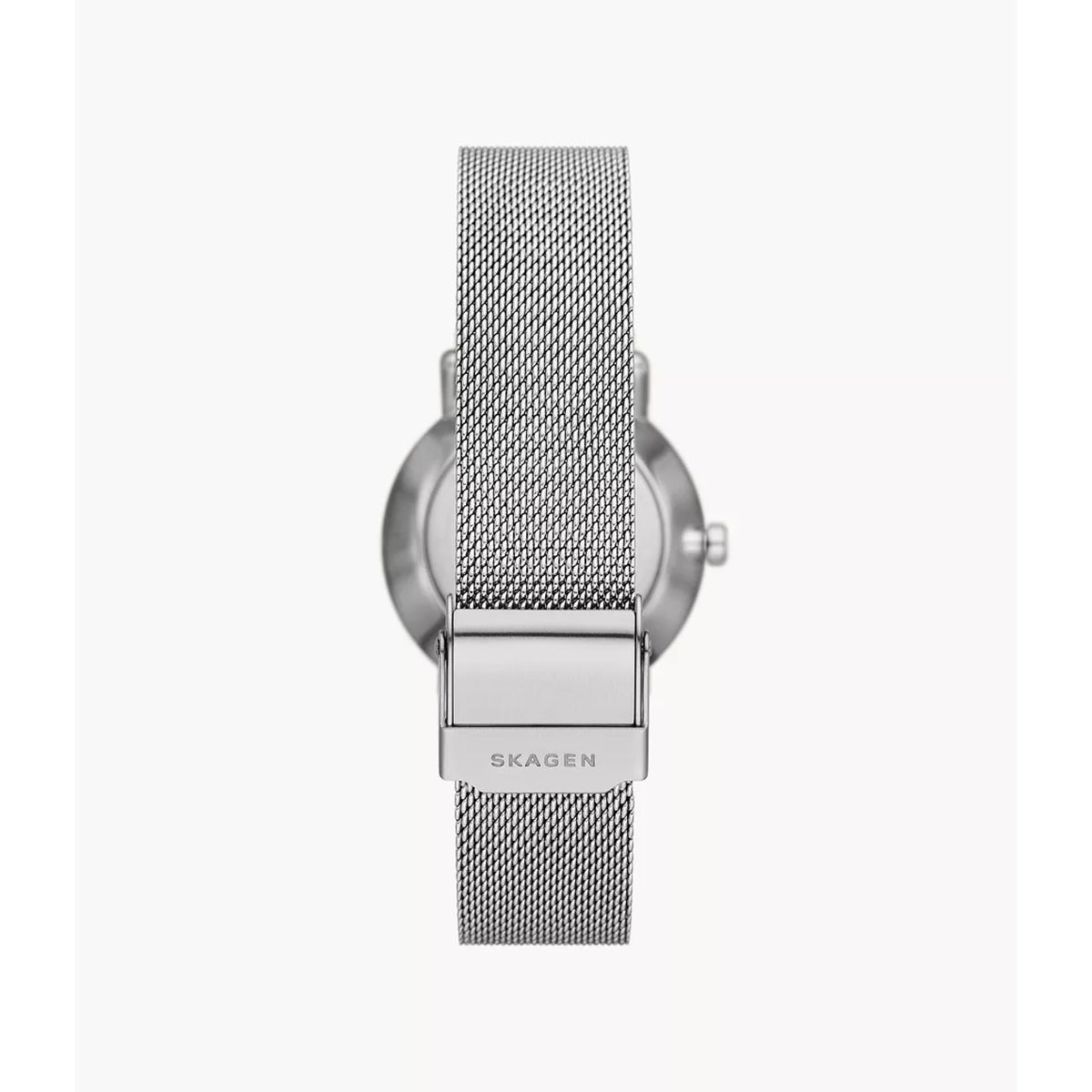 Women’s stainless steel mesh watch with round case and clasp detail