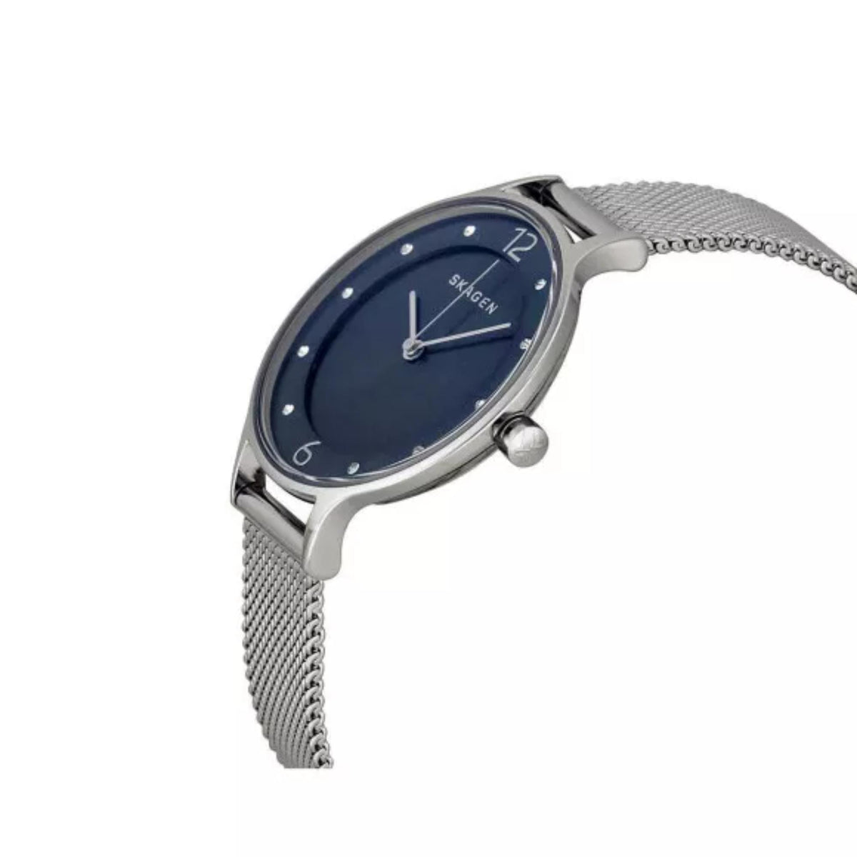 Perspective angle of the Skagen Anita Lille SKW2307 wrist watch showcasing crystal hour indices on a deep ocean dial