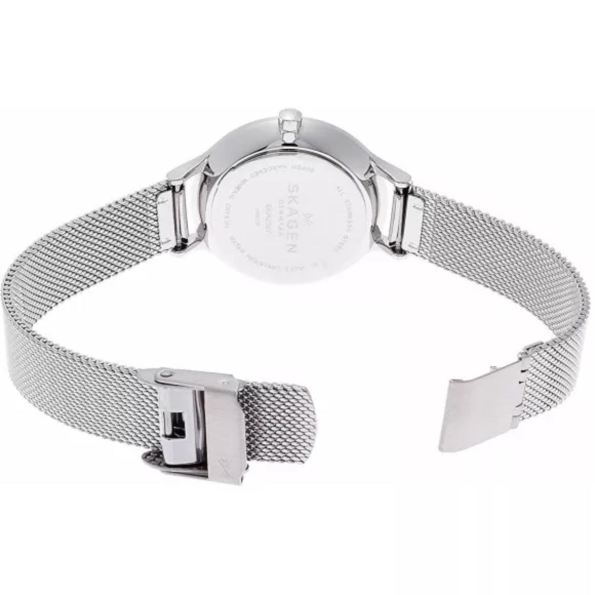Rear perspective of the Skagen Anita Lille SKW2307 watch featuring an unclasped steel mesh strap and case back detail