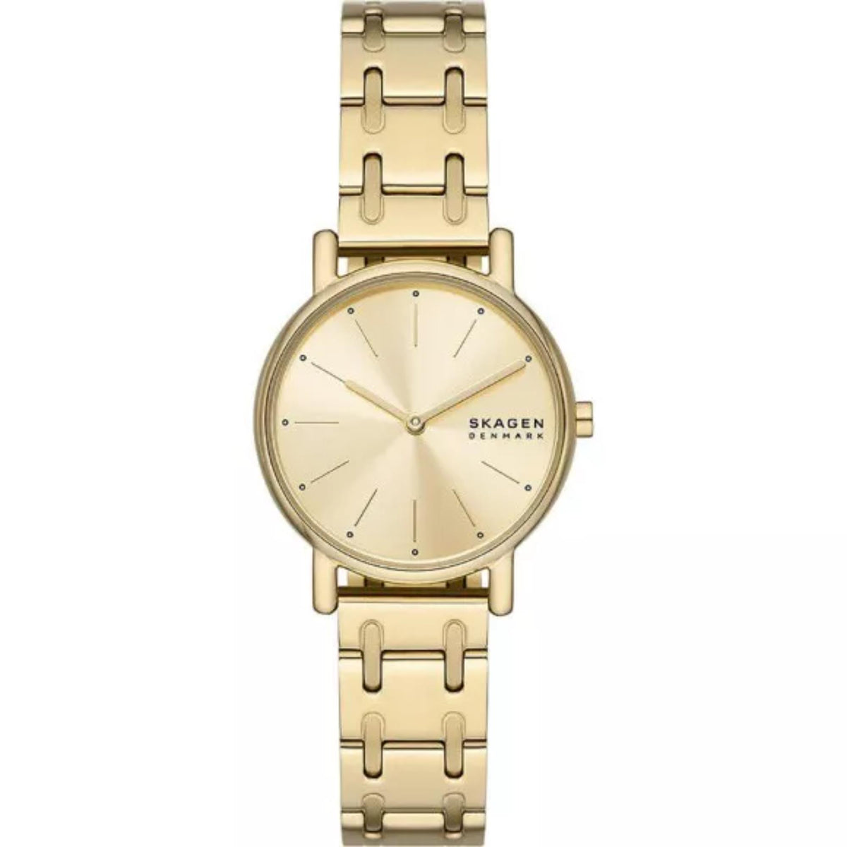 Gold stainless steel bracelet watch with cream dial and stick hour markers