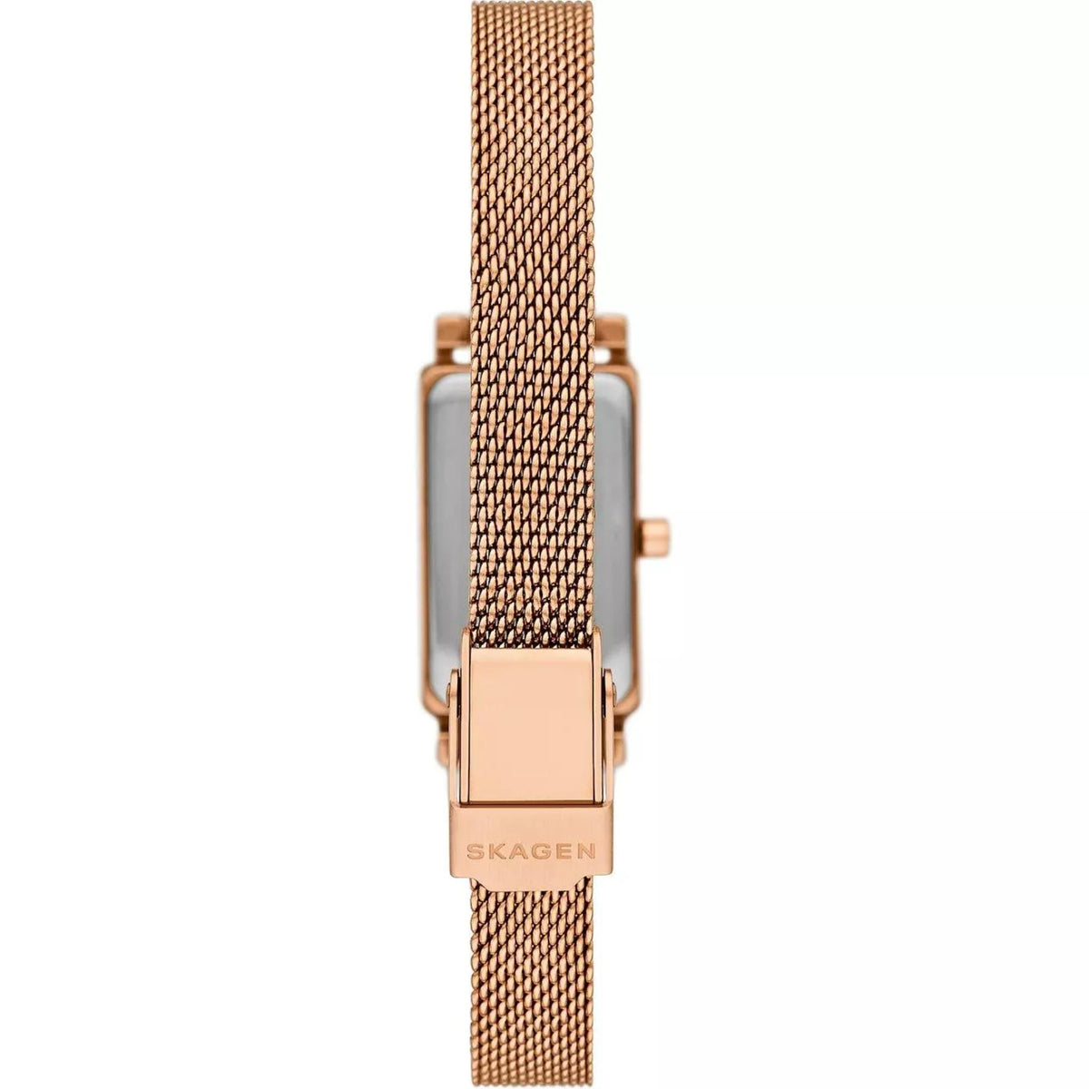 Rose gold stainless steel watch with white dial and mesh bracelet, side view