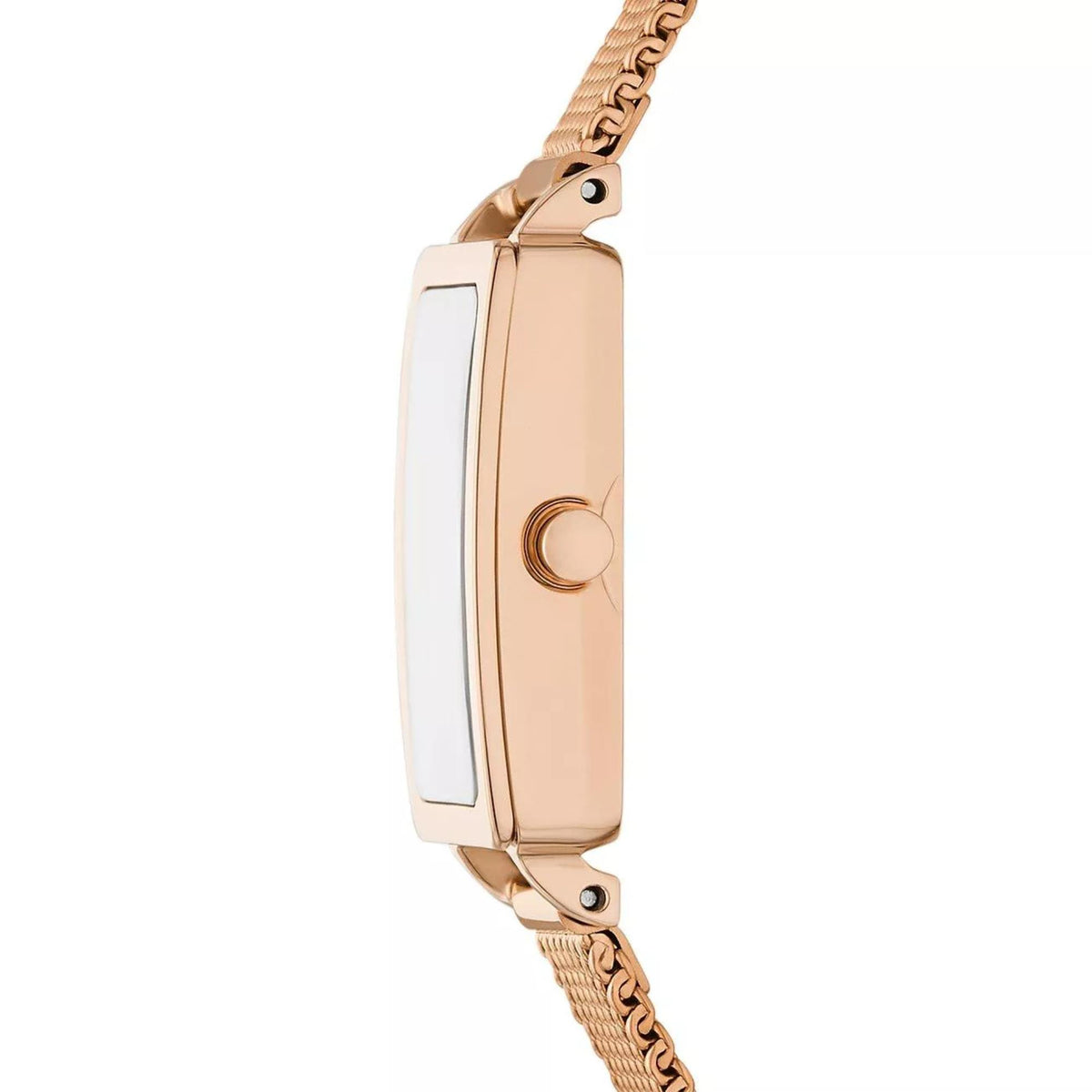 Rose gold stainless steel watch case detail with crown and textured mesh band