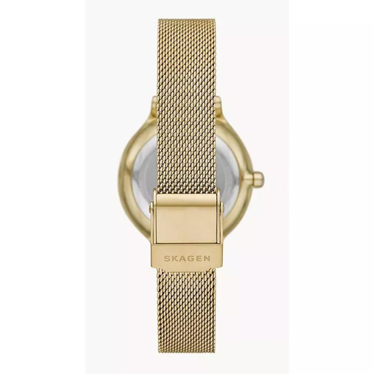 Gold-tone mesh band wristwatch back with clasp and case engraving, Skagen