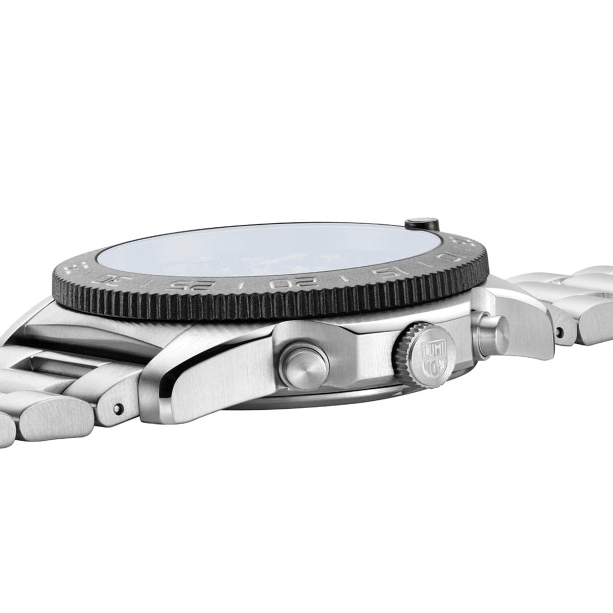 Stainless steel diver watch side view with ridged bezel and crown on metal bracelet.
