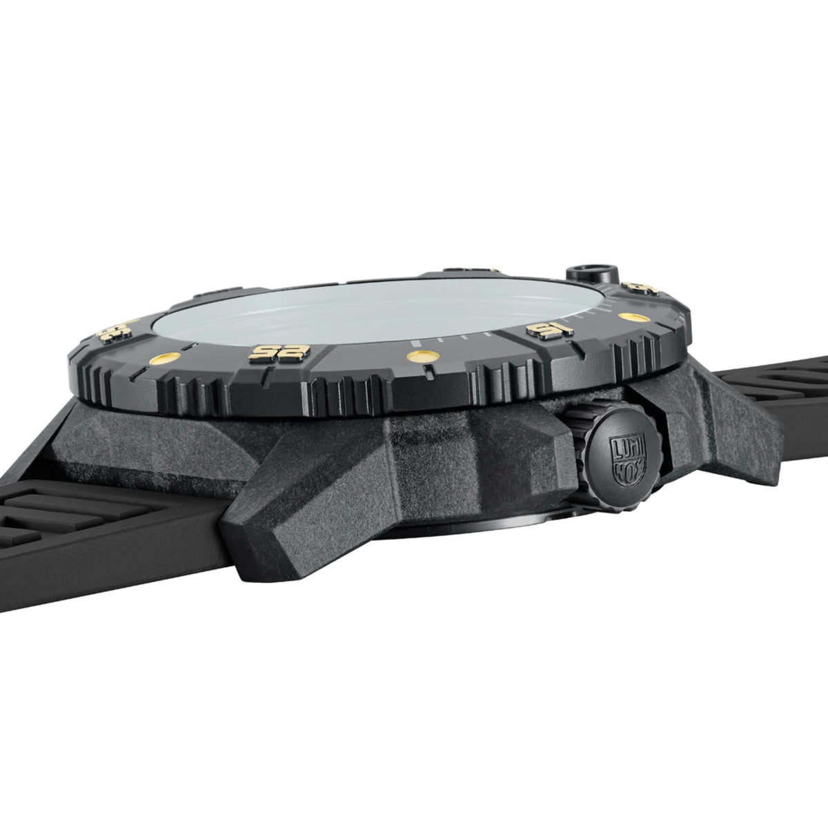 Black dive watch case with knurled bezel and protective crown guard, rubber strap shown