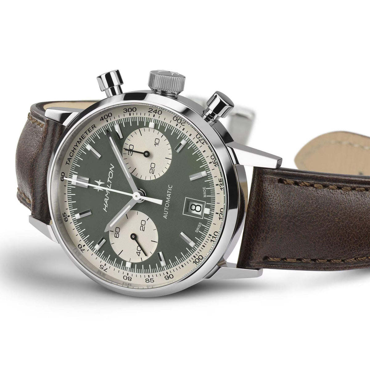 Hamilton automatic chronograph watch with green dial, metal case and brown leather strap
