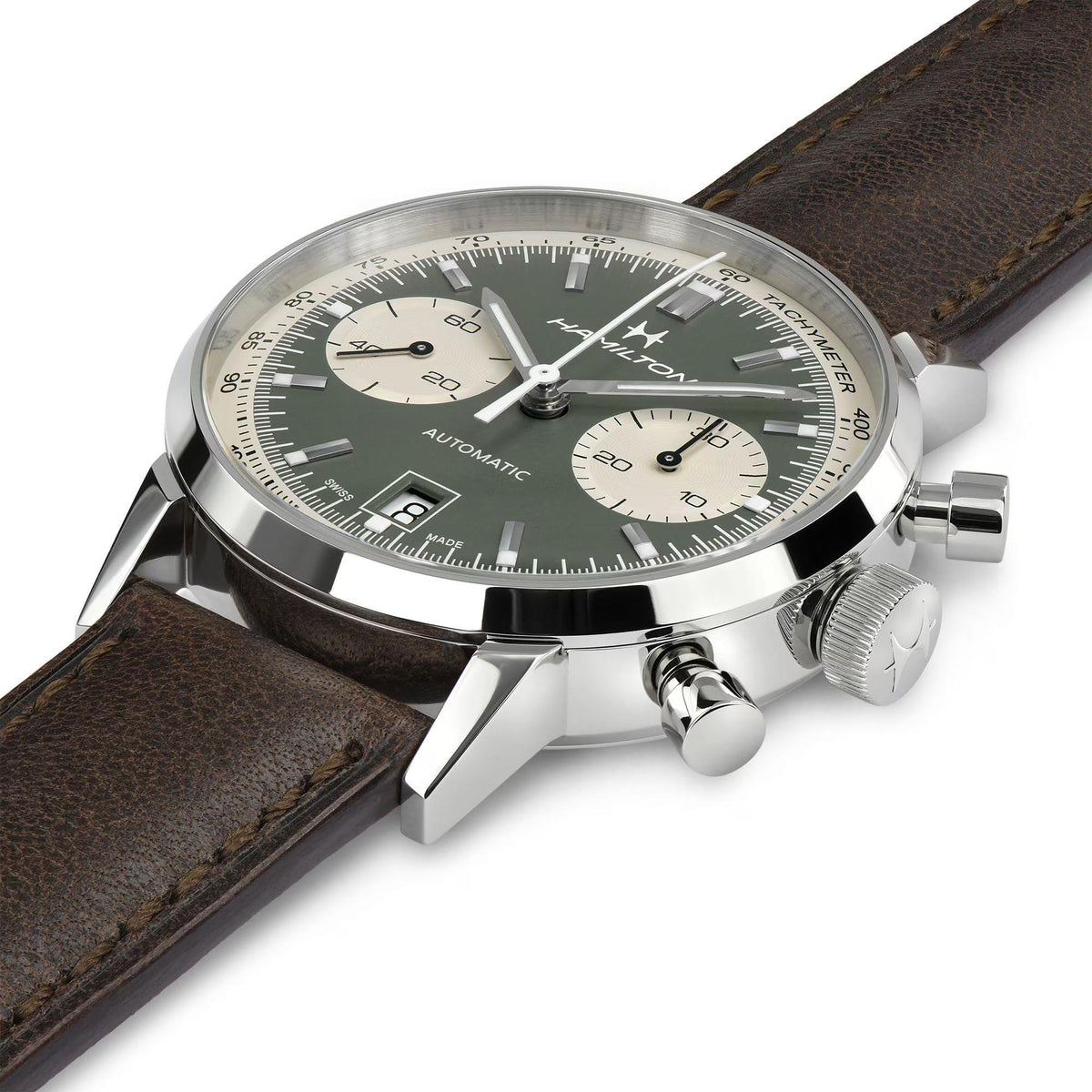 Hamilton automatic chronograph watch close-up, green dial with brown leather strap