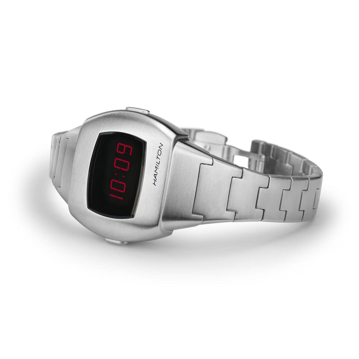 Hamilton digital watch with red LED time on black dial and steel bracelet