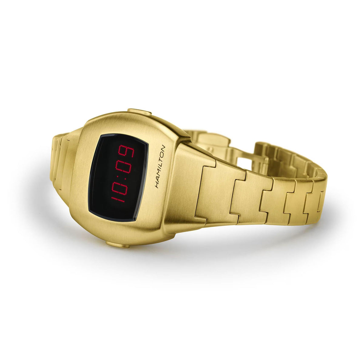 Gold digital quartz watch with black display and metal link bracelet